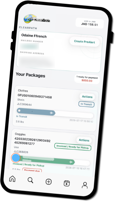 The ClearPath customer app on a phone, showing the customer's mailbox number and US shipping address, a Create PreAlert button, and a package list with live in-transit and ready-for-pickup progress tracking.