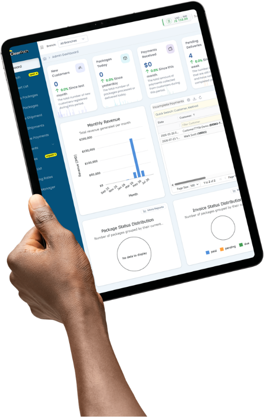 A member of the operations team holding a tablet running the ClearPath admin dashboard, with branch filters, daily counters, revenue reporting and outstanding payments.
